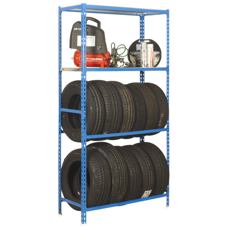 Rayonnage à pneus avec étagères – 4 niveaux, 2000 mm de haut, avec ou sans tiroir, charge 180-200 kg/niveau 1