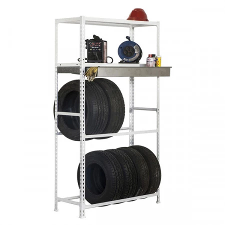 Rayonnage à pneus avec étagères – 4 niveaux, 2000 mm de haut, avec ou sans tiroir, charge 180-200 kg/niveau 2