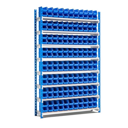 Rayonnage à bacs picking – 176 bacs de 1,5 litres, 8 niveaux, hauteur 2000 mm, modulable 1