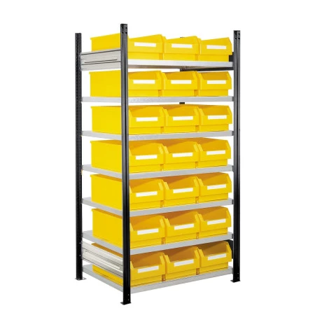 Rayonnage à bacs – 21 bacs à bec de 23 litres – Hauteur 2000 mm – Charge 125 kg par niveau 1