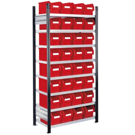 Rayonnage à bacs – 32 bacs à bec de 11 litres – 8 niveaux – Hauteur 2000 mm – Charge 125 kg/niveau 1