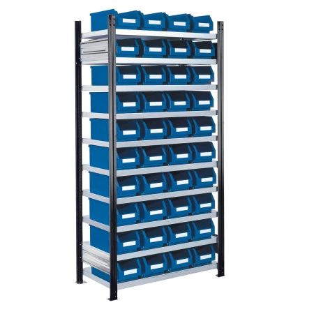 Rayonnage à bacs – 40 bacs à bec de 8 litres – 10 niveaux – Hauteur 2000 mm – Charge 125 kg/niveau 1