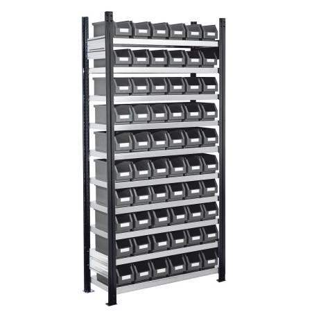 Rayonnage à bacs – 60 bacs à bec de 3 litres – 10 niveaux – Hauteur 2000 mm – Charge 125 kg/niveau 1