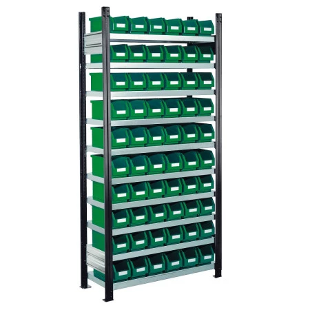 Rayonnage à bacs avec 60 bacs à bec de 5 litres – 10 niveaux – Hauteur 2000 mm – Charge 125 kg/niveau 1
