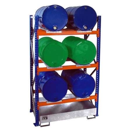 Rayonnage de rétention BAUER série 3000 pour 4 à 6 fûts de 200 L avec bac acier 200 L 1
