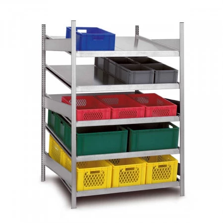 Rayonnage dynamique à tablettes inclinées – Acier zingué – 200 kg/niveau – 5 niveaux – Hauteur 2000 mm 1