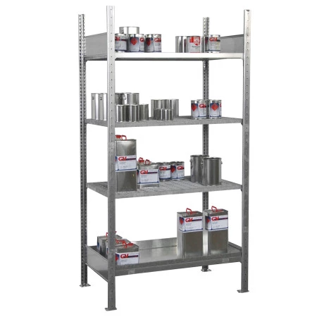 Rayonnage de rétention en acier galvanisé – 4 niveaux pour petits récipients – Capacité 120 L – 150 kg/niveau 1