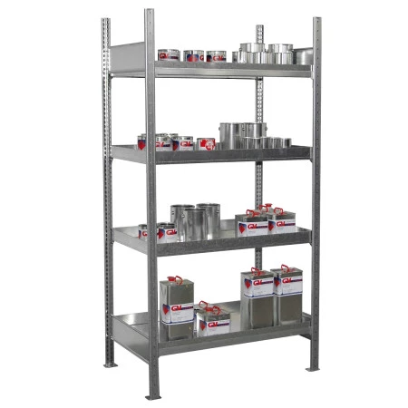 Rayonnage de rétention en acier galvanisé – 4 niveaux pour petits récipients – Capacité 120 L – 150 kg/niveau 3