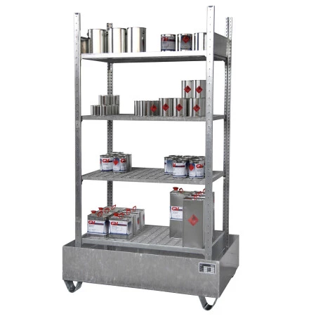 Rayonnage de rétention galvanisé 4 niveaux – Bac au sol 243 L ou 279 L – Charge 150 kg/niveau 1