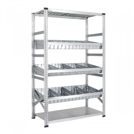 Rayonnage galvanisé avec bacs modulaires – 5 niveaux, hauteur 1972 mm, charge 180 kg/niveau 1