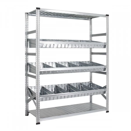 Rayonnage galvanisé avec bacs modulaires – 5 niveaux, hauteur 1972 mm, charge 180 kg/niveau 2