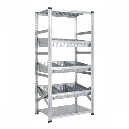 Rayonnage galvanisé avec bacs modulaires – 5 niveaux, hauteur 1972 mm, charge 180 kg/niveau 3