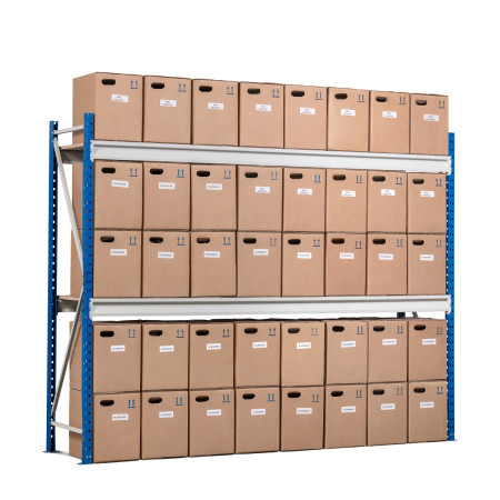 Rayonnage industriel mi-lourd polyvalent – Hauteur 3000 mm – 2 niveaux – Charge 850 kg par niveau – Plateaux agglomérés 1