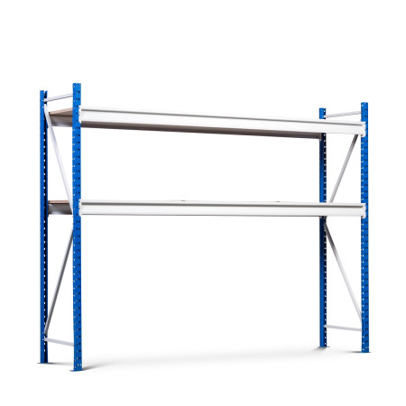 Rayonnage industriel mi-lourd polyvalent – Hauteur 3000 mm – 2 niveaux – Charge 850 kg par niveau – Plateaux agglomérés 2