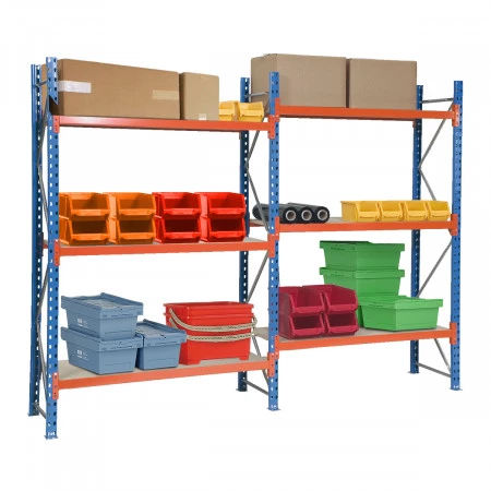Rayonnage mi-lourd industriel – H 1980 mm – Charge 1400 kg/niveau – platelage bois aggloméré 22 mm – Kit départ ou suivant 1