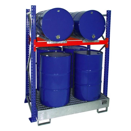 Rayonnage de rétention BAUER pour fûts de 200 L couchés et debout – Bac acier 200 L – Réf. 202.2510.03 2