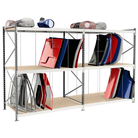 Rayonnage pour pièces de carrosserie – 3 niveaux, profondeur XL 1500 mm, séparateurs filaires amovibles, fabriqué en France 1
