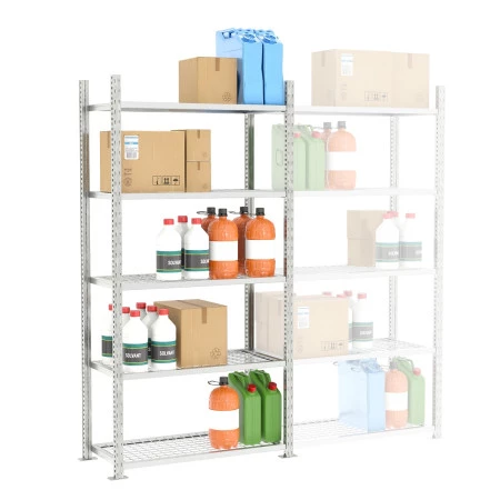 Rayonnage spécial sprinkler – Rayonnage d&rsquo;atelier léger 2000 mm, 5 niveaux, 200 kg/niveau, tablettes grillagées 4