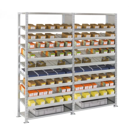 Rayonnage visserie à distribution dynamique – Hauteur 2000 mm – 9 tablettes inclinées – Charge 150 kg/niveau 1