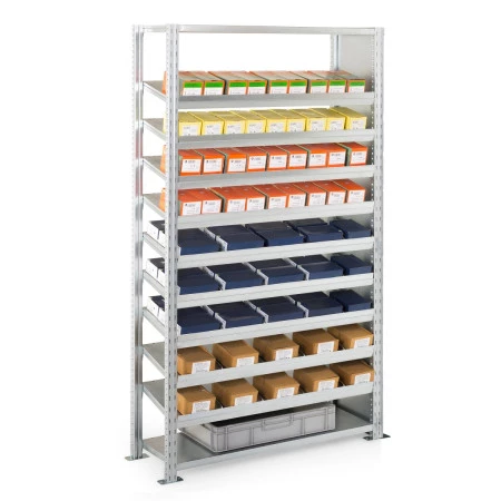 Rayonnage visserie à distribution dynamique – Hauteur 2000 mm – 9 tablettes inclinées – Charge 150 kg/niveau 2