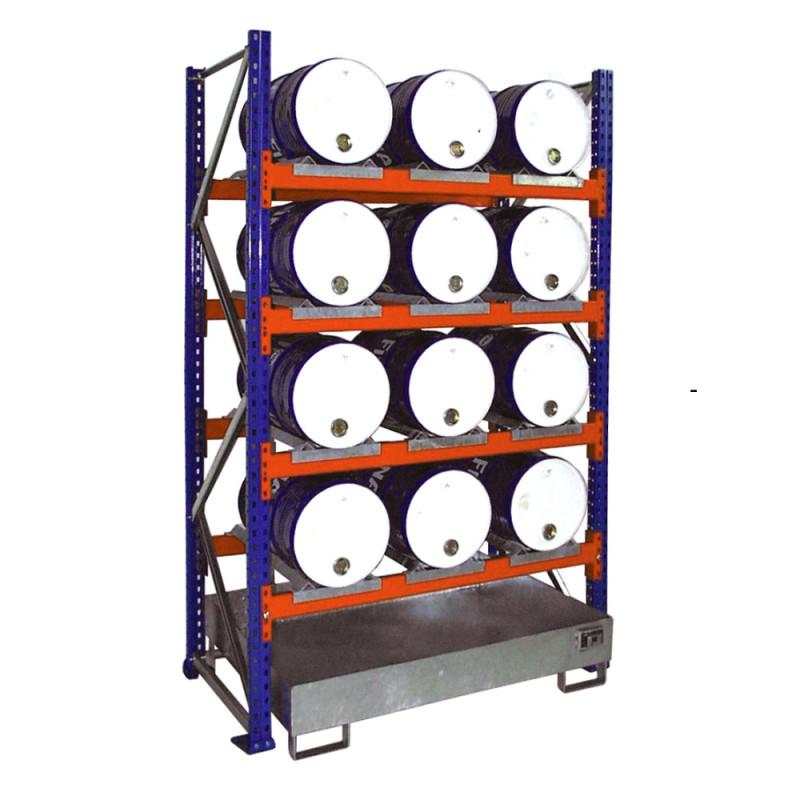 Rayonnage de 9 à 12 fûts de 60 L avec bac de rétention acier - Image 1