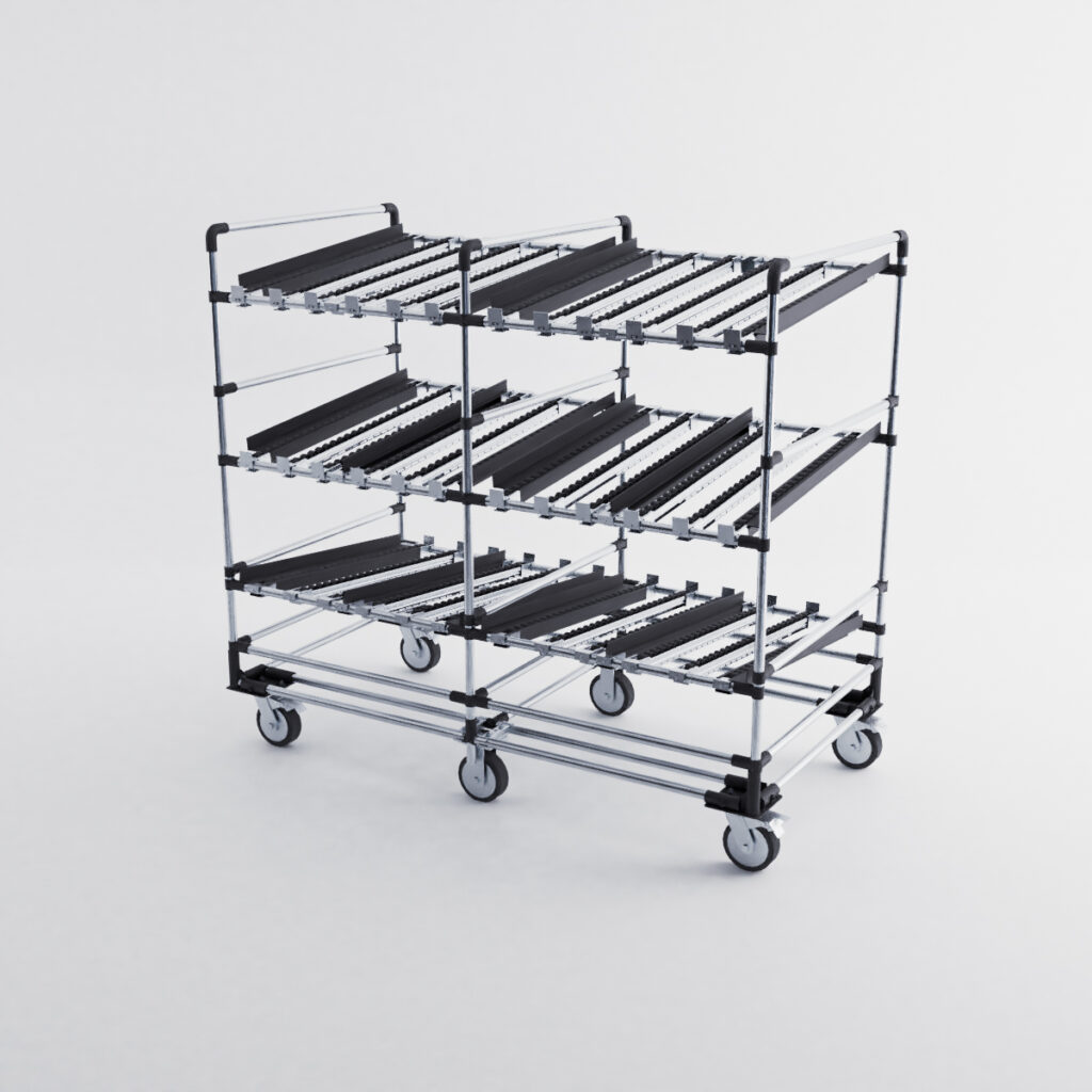 Flow rack tubulaire gravitaire avec retour – 1830×950 mm, 3 étages, charge 300 kg - Image 1