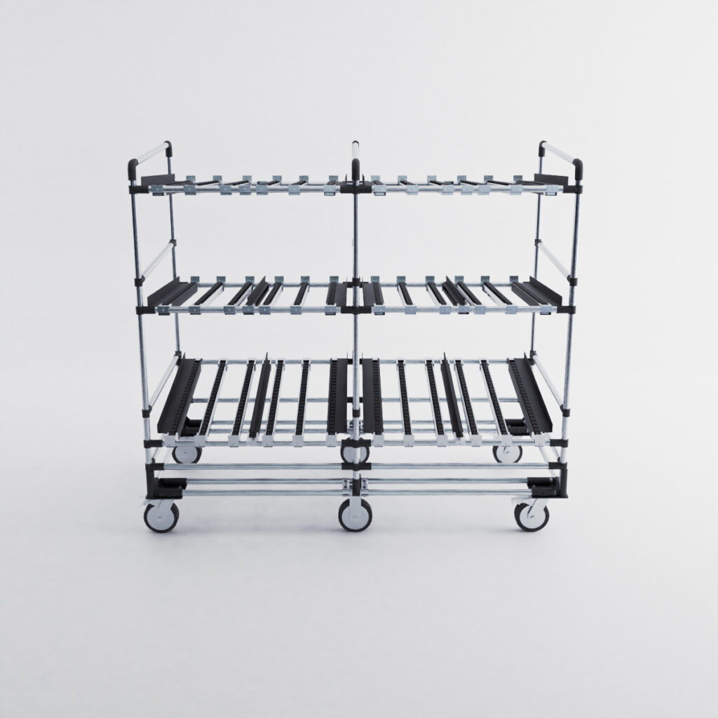 Flow rack tubulaire gravitaire avec retour – 1830×950 mm, 3 étages, charge 300 kg - Image 3