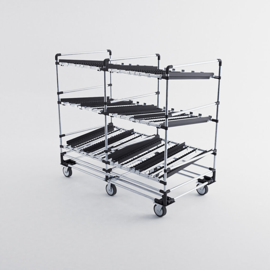 Flow rack tubulaire gravitaire avec retour – 1830×950 mm, 3 étages, charge 300 kg - Image 4