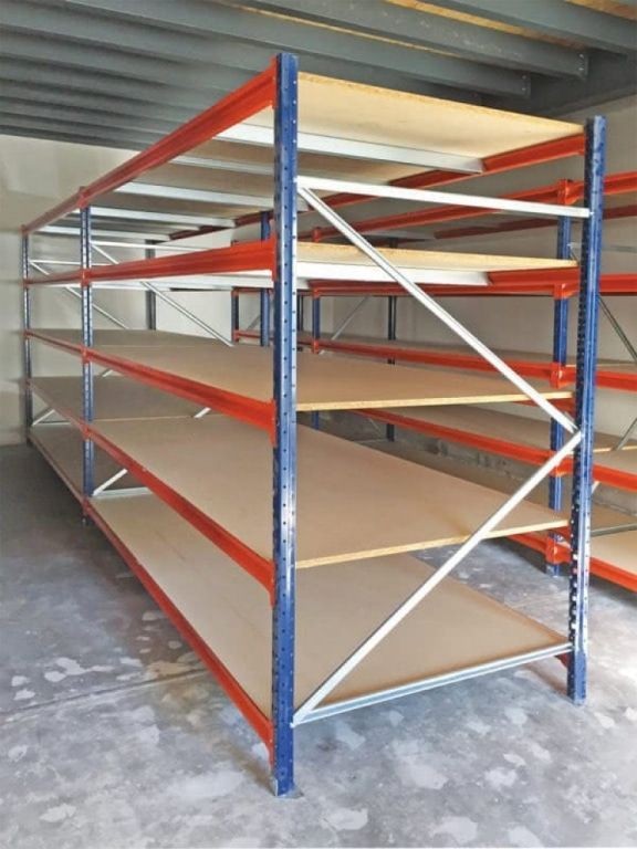 Rayonnage Semi Lourd d&rsquo;occasion MECALUX – 10 m, H 2500 mm, P 500 mm, 5 niveaux, 700 kg/niveau - Image 1